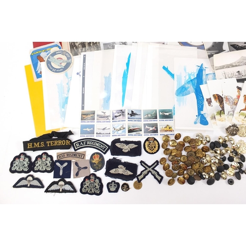 1934 - Militaria including Royal Air Force cap badges, buttons, cloth patches, Naval HMS Terror tally and e... 