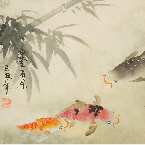 1949 - Koi and Cherry blossom, pair of Chinese watercolour wall hanging scrolls, each 33cm x 33cm