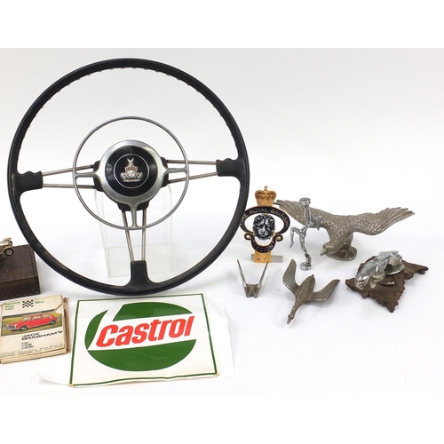 853 - Vintage car automobilia including a Rover steering wheel, Jaguar chrome car mascot and Royal British... 