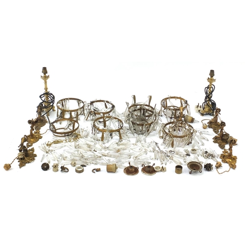 2578 - Collection of gilt metal bag chandeliers and fittings with cut glass drops and a pair of Pullman sty... 