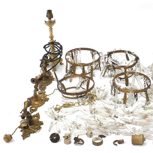 2578 - Collection of gilt metal bag chandeliers and fittings with cut glass drops and a pair of Pullman sty... 