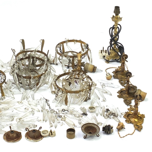 2578 - Collection of gilt metal bag chandeliers and fittings with cut glass drops and a pair of Pullman sty... 