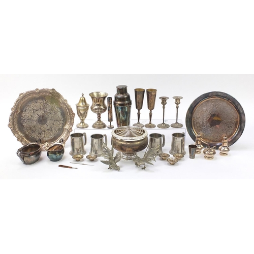 1912 - Silver plate and metalware including two drinks trays, cocktail shaker and a chalice, the largest 24... 