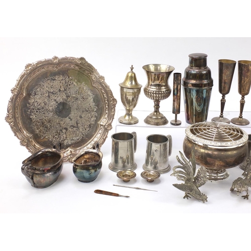 1912 - Silver plate and metalware including two drinks trays, cocktail shaker and a chalice, the largest 24... 