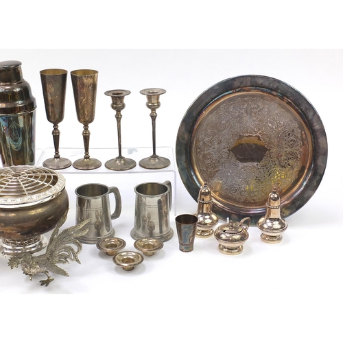 1912 - Silver plate and metalware including two drinks trays, cocktail shaker and a chalice, the largest 24... 