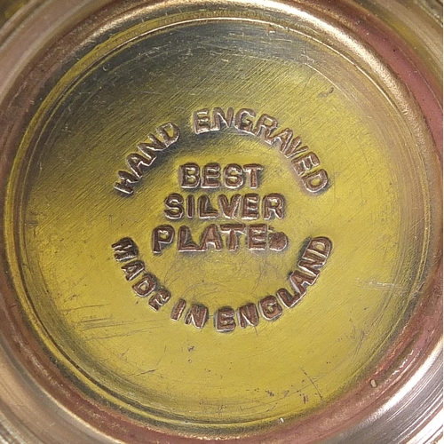 1912 - Silver plate and metalware including two drinks trays, cocktail shaker and a chalice, the largest 24... 