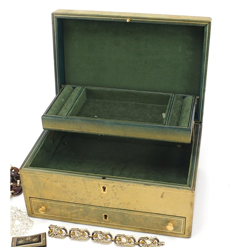 1878 - Victorian tooled leather jewellery box containing vintage and later costume jewellery including an I... 