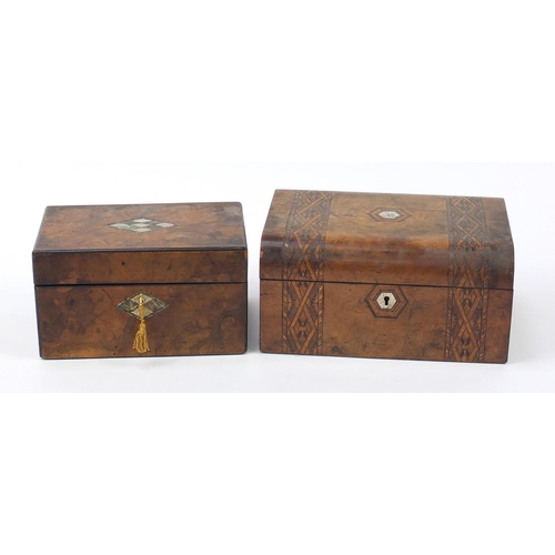 1885 - Two Victorian walnut boxes including one with mother of pearl and abalone inlay, the largest 30cm