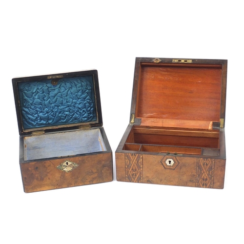 1885 - Two Victorian walnut boxes including one with mother of pearl and abalone inlay, the largest 30cm