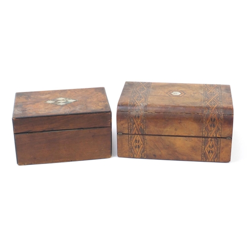 1885 - Two Victorian walnut boxes including one with mother of pearl and abalone inlay, the largest 30cm