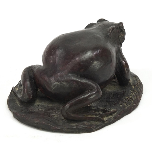 607 - Patinated bronze toad, indistinct signature and impressed studio stamp to the base, 11cm in length