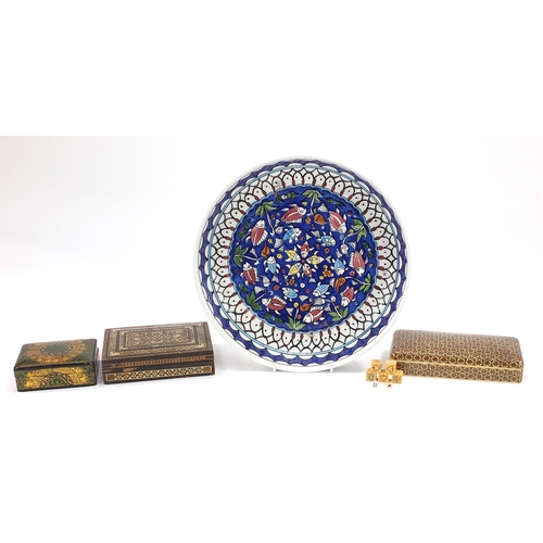 1884 - Turkish Kutahya type porcelain plate and three Middle Eastern boxes including lacquered and Moorish ... 