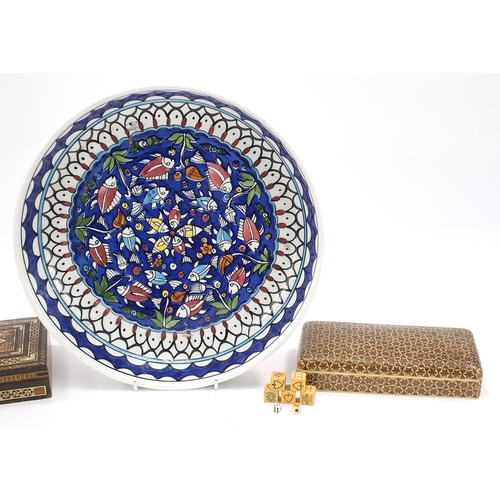 1884 - Turkish Kutahya type porcelain plate and three Middle Eastern boxes including lacquered and Moorish ... 