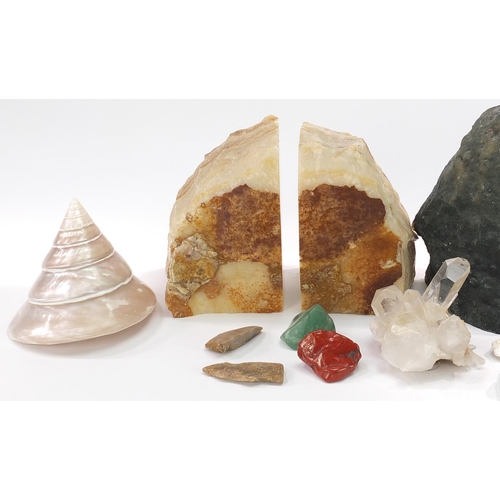 2567 - Fossils, stones and shells including amethyst bookends and fossilised fish, the largest 22cm wide