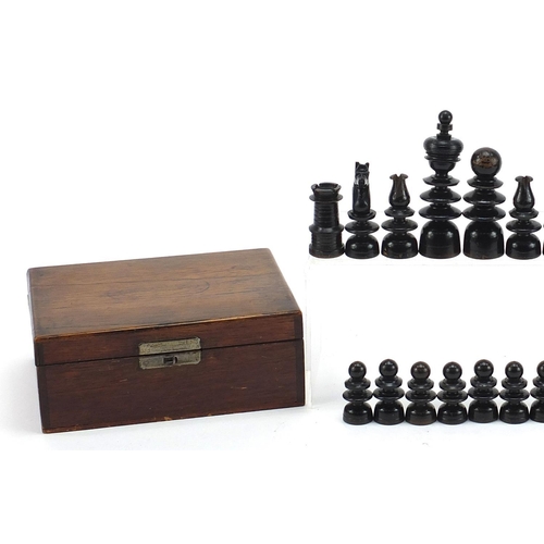 930 - Box with ebonised Chessman chess set with case, the largest pieces each 10cm high