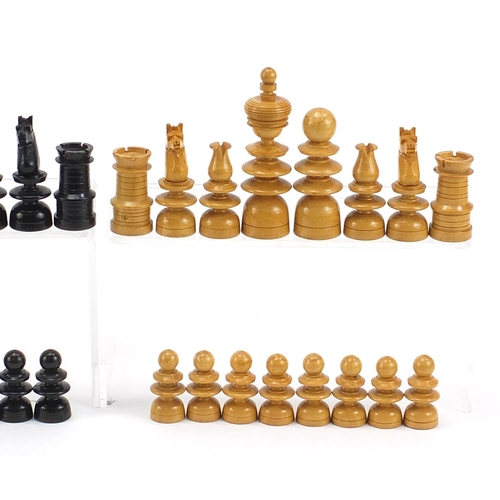 930 - Box with ebonised Chessman chess set with case, the largest pieces each 10cm high