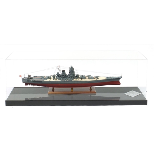 1765 - Large scratch built model of the IJN Battleship Yamato housed in a Perspex display case, the case 13... 