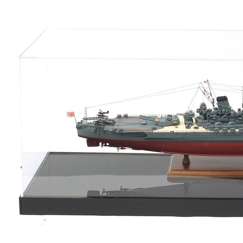 1765 - Large scratch built model of the IJN Battleship Yamato housed in a Perspex display case, the case 13... 