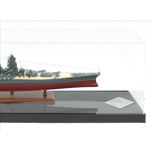 1765 - Large scratch built model of the IJN Battleship Yamato housed in a Perspex display case, the case 13... 