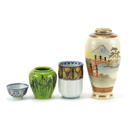 1847 - Japanese ceramics including a Satsuma vase hand painted with figures and green glazed vase decorated... 