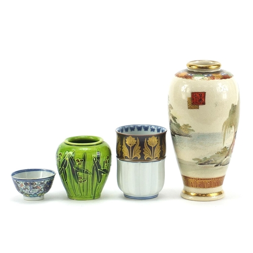 1847 - Japanese ceramics including a Satsuma vase hand painted with figures and green glazed vase decorated... 