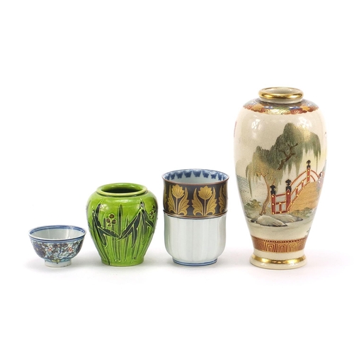 1847 - Japanese ceramics including a Satsuma vase hand painted with figures and green glazed vase decorated... 