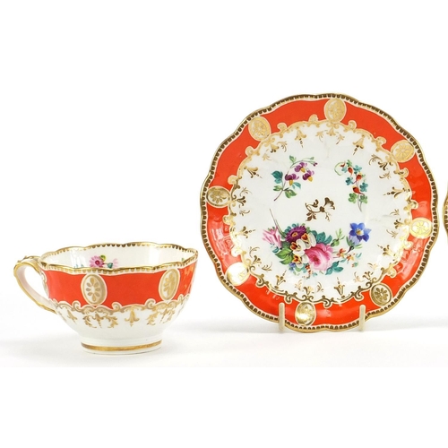 407 - Pair of 19th century porcelain cups and saucers finely hand painted with flowers, numbered 1743, eac... 