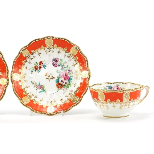 407 - Pair of 19th century porcelain cups and saucers finely hand painted with flowers, numbered 1743, eac... 