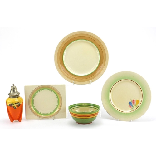 1863 - Art Deco ceramics including Three Clarice Cliff pottery plates and Clarice Cliff Bizarre bowl, the l... 