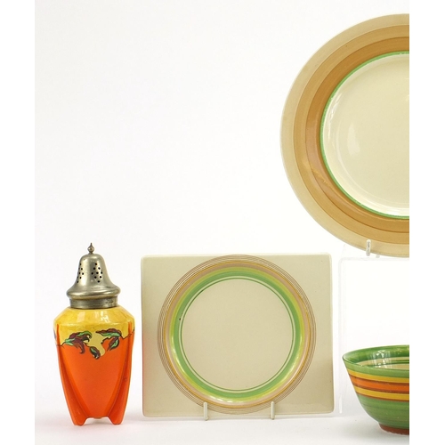 1863 - Art Deco ceramics including Three Clarice Cliff pottery plates and Clarice Cliff Bizarre bowl, the l... 