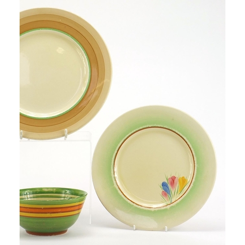 1863 - Art Deco ceramics including Three Clarice Cliff pottery plates and Clarice Cliff Bizarre bowl, the l... 