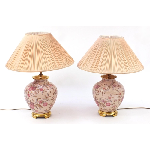 1786 - Pair of Chinese porcelain table lamps with shades each hand painted with flowers and plums, each 64c... 