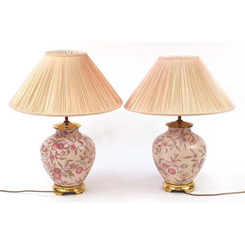 1786 - Pair of Chinese porcelain table lamps with shades each hand painted with flowers and plums, each 64c... 