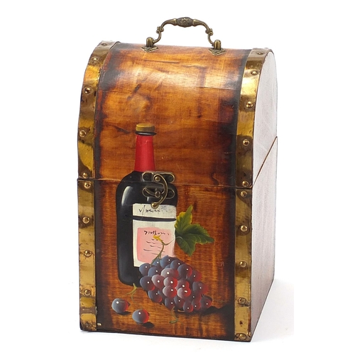 1869 - Dome top hand painted wine bottle holder with metal  mounts, 34.5cm high