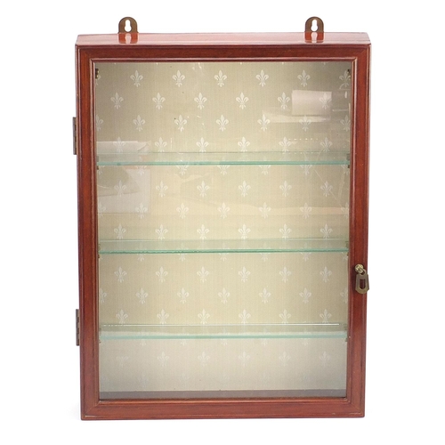 1931 - Mahogany glazed wall hanging display case with three adjustable glass shelves, 51cm H x 38cm W x 8cm... 