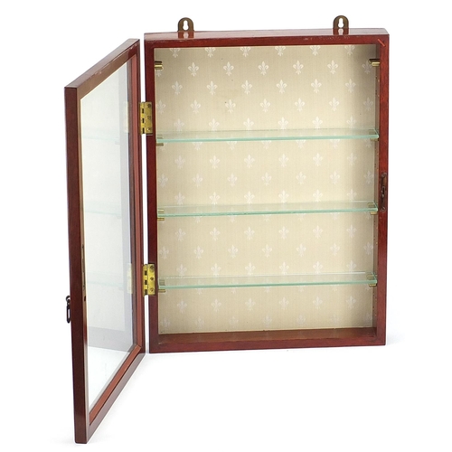 1931 - Mahogany glazed wall hanging display case with three adjustable glass shelves, 51cm H x 38cm W x 8cm... 