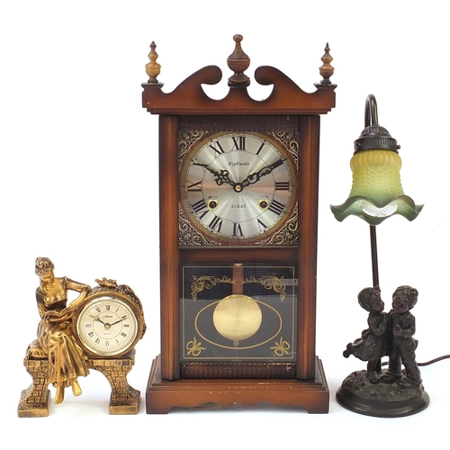 1917 - Gilt mantle clock, Highlands thirty one day mantle clock and a bronzed figural desk clock with frill... 