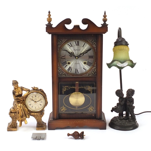 1917 - Gilt mantle clock, Highlands thirty one day mantle clock and a bronzed figural desk clock with frill... 