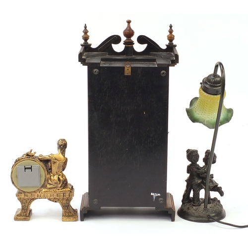 1917 - Gilt mantle clock, Highlands thirty one day mantle clock and a bronzed figural desk clock with frill... 