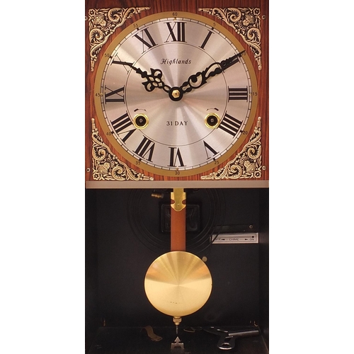 1917 - Gilt mantle clock, Highlands thirty one day mantle clock and a bronzed figural desk clock with frill... 