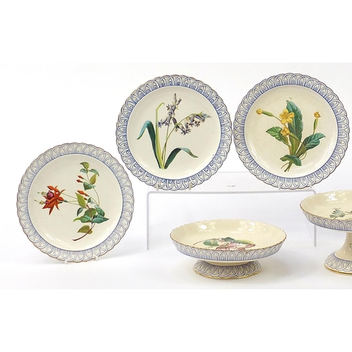 1833 - Copeland, Victorian nine piece desert service comprising three comports and six plates, each decorat... 