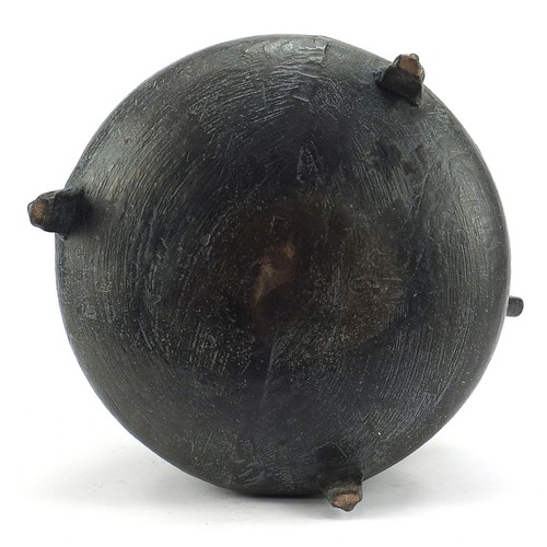 601 - 17th century patinated bronze cauldron, 23cm high x  35cm in diameter including the handles