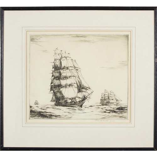 2129 - Phil W Smith 1927 - The Cutty Sark, pencil signed etching, details verso, mounted, framed and glazed... 