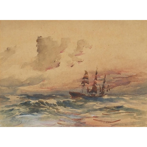 2127 - Rigged ship on stormy sea, early 20th century watercolour bearing an indistinct signature, mounted f... 