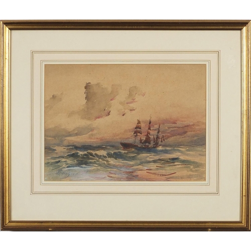 2127 - Rigged ship on stormy sea, early 20th century watercolour bearing an indistinct signature, mounted f... 