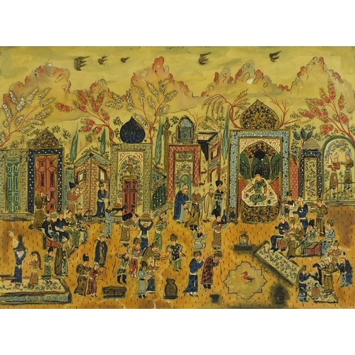 2584 - Figures praying, Islamic watercolour and mixed media housed in a Vizagapatam style frame, overall 55... 