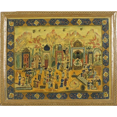 2584 - Figures praying, Islamic watercolour and mixed media housed in a Vizagapatam style frame, overall 55... 