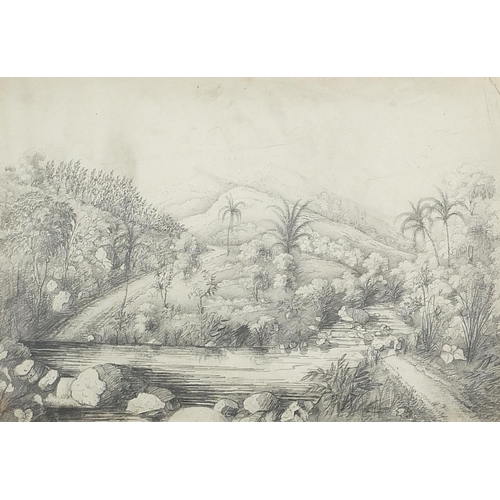 2128 - H D'Anglebarmes - View from the garden on Tabery  Estate, pencil, details verso, mounted framed and ... 