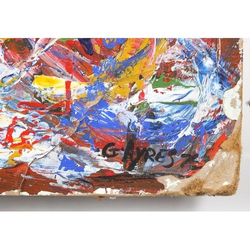 1872 - After Gillian Ayres - Blue sky composition, Mayer Gallery stamp verso, oil on board, unframed, 90cm ... 