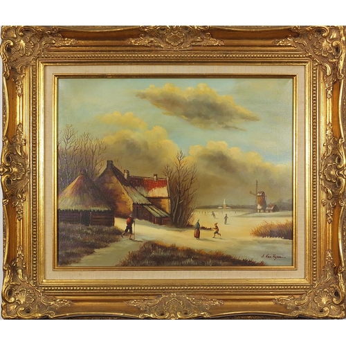 619 - Winter landscape with windmill, Dutch school oil on canvas, mounted and framed, 49cm x 39.5cm exclud... 